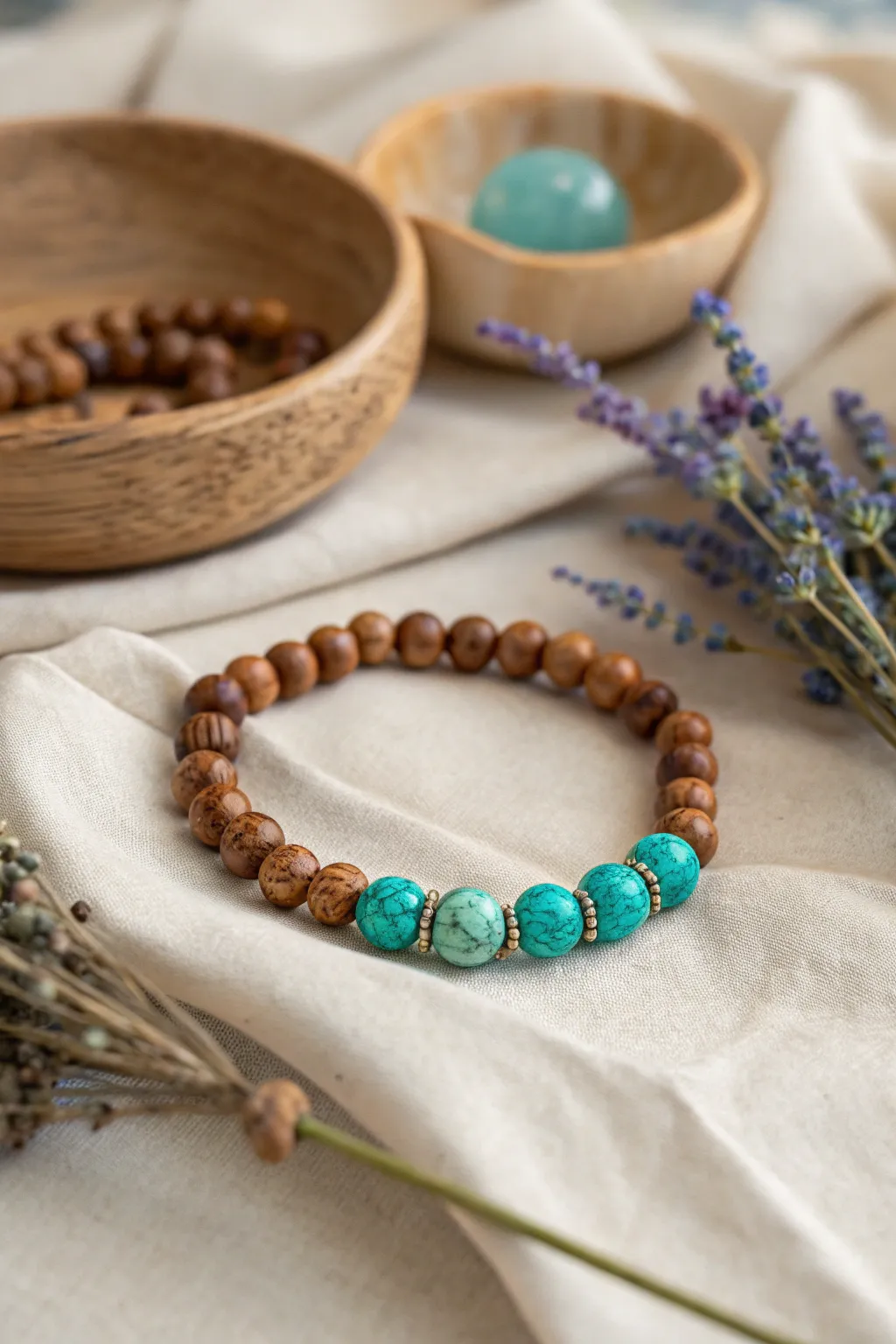 Embrace the essence of Bohemian elegance with this handcrafted turquoise and wooden bead bracelet, perfect for a touch of natural beauty.