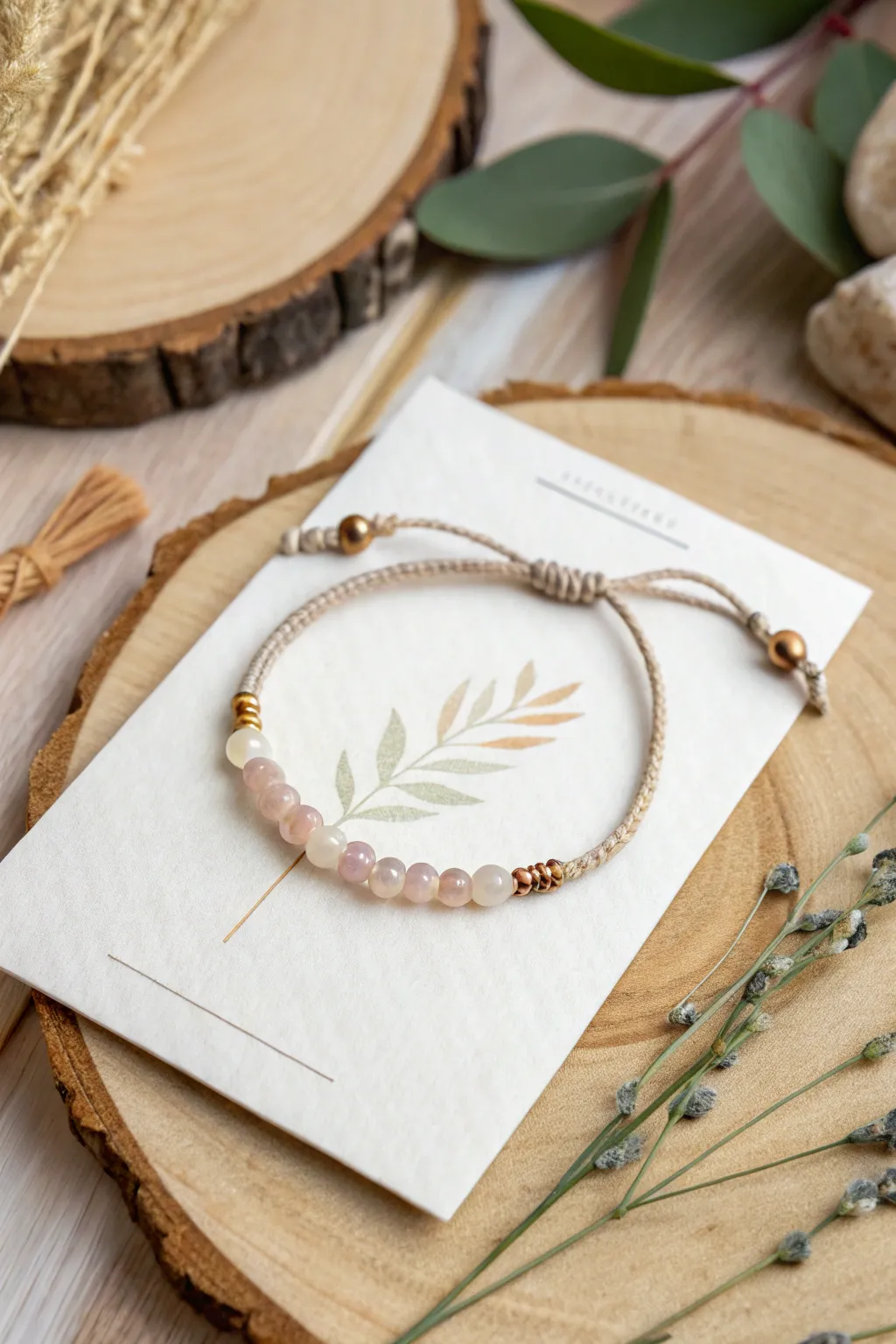 A heartfelt gesture: A friendship bracelet gracefully adorns a minimalist card, blending simplicity with thoughtful craftsmanship.