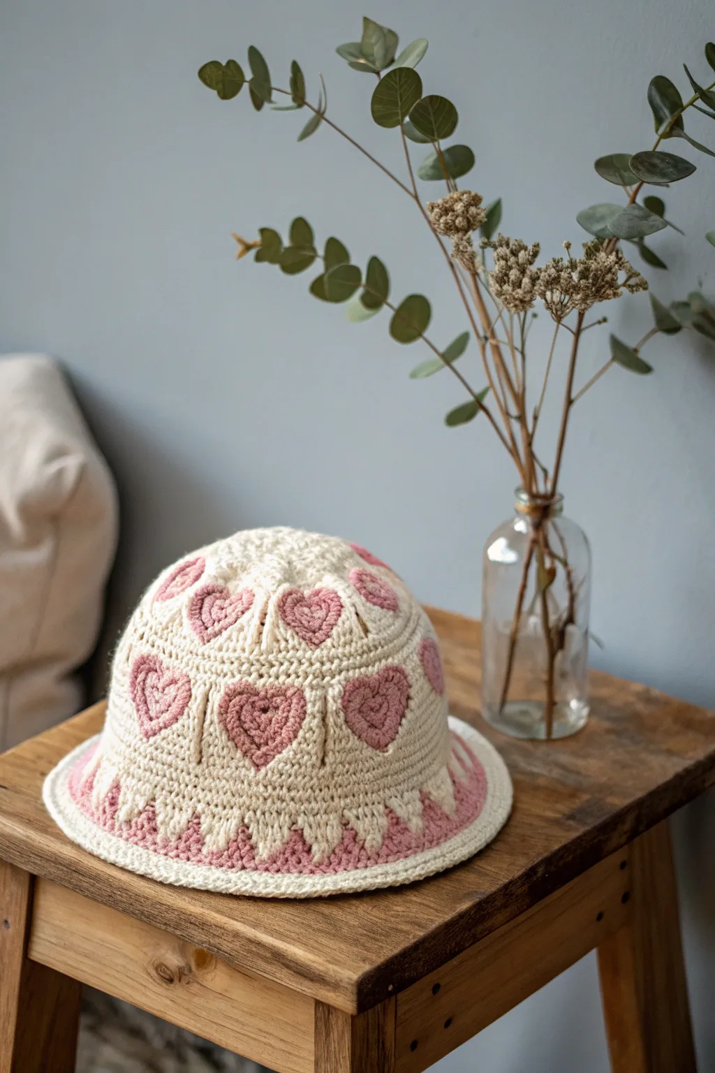 Cozy up this Valentine's Day with a handmade heart motif hat, the perfect blend of warmth and style.