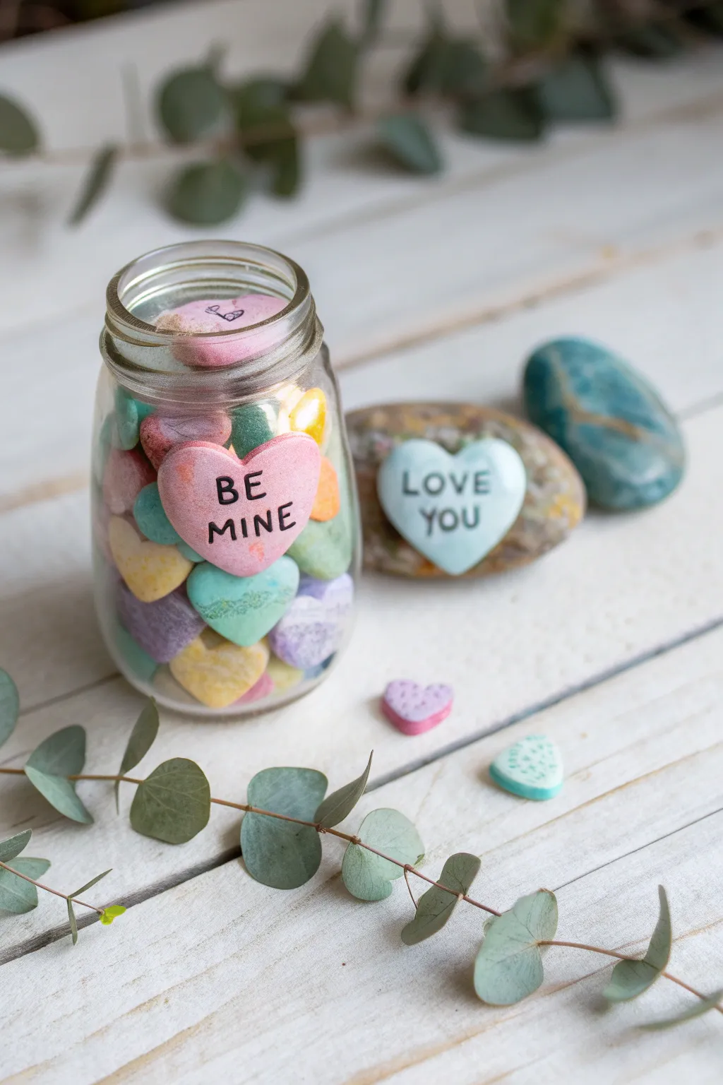 Capture the essence of Valentine's nostalgia with a charming conversation heart jar, painted with love and simplicity.