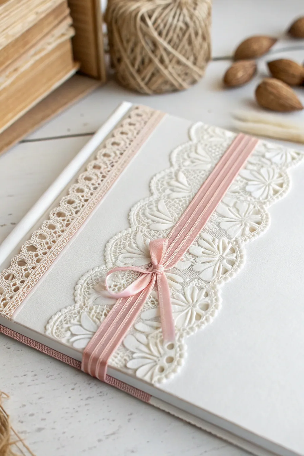 Add a touch of romance with elegant lace and ribbon borders for your Valentine's Day scrapbook.