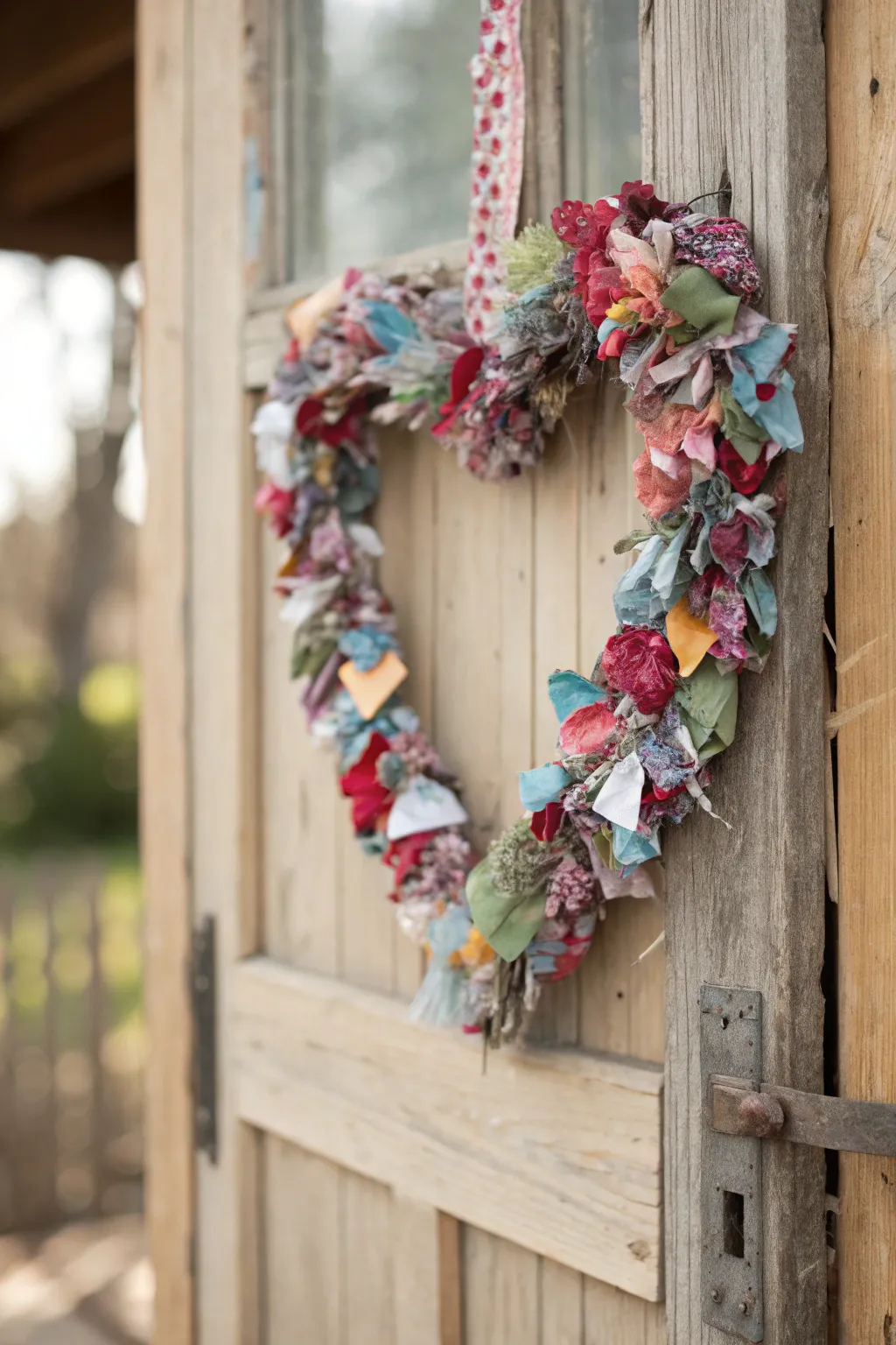 An eclectic rag wreath made from fabric scraps showcases personal style.