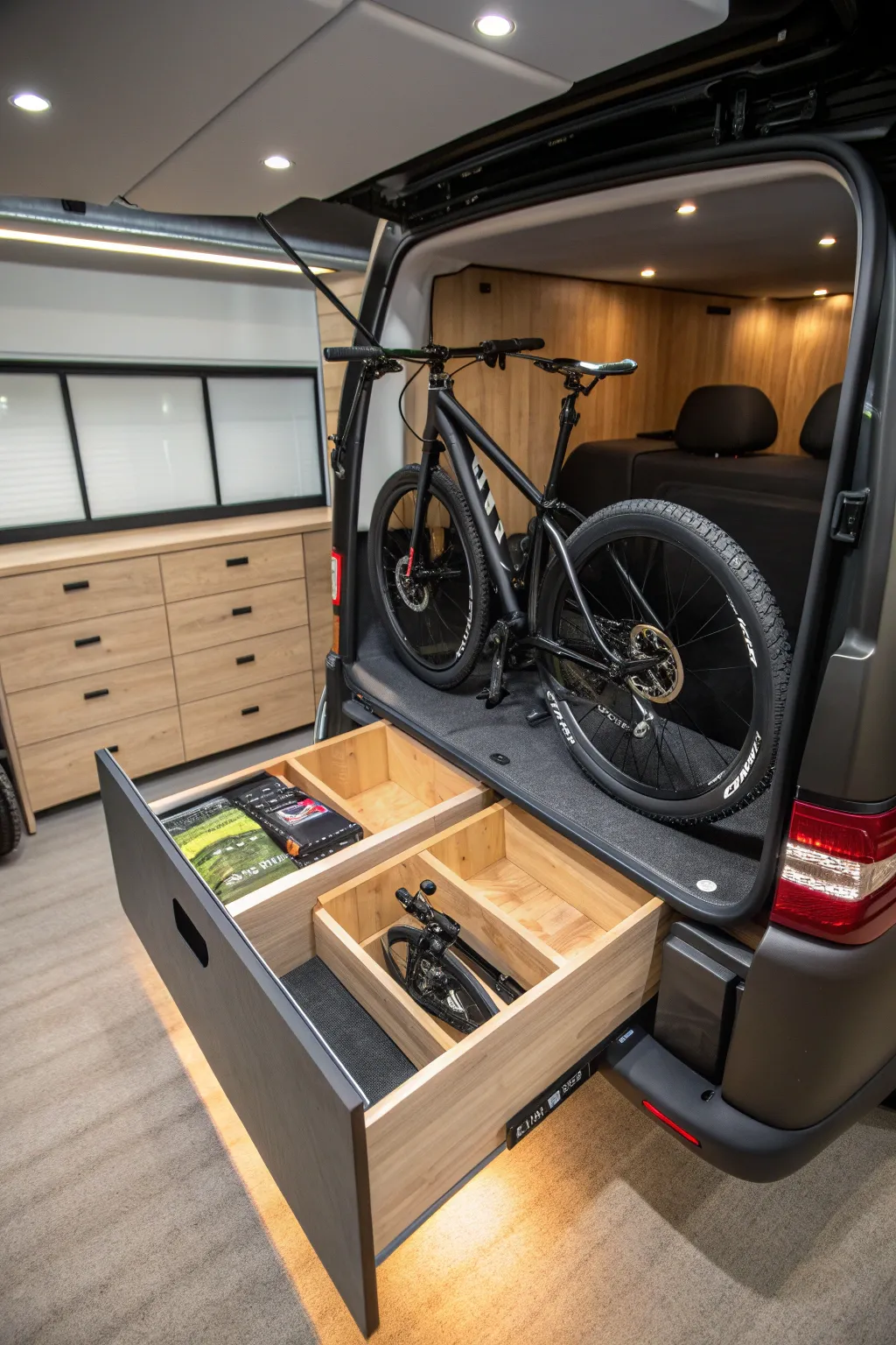 Maximize space and style with this under-bed bike storage solution—perfect for van life enthusiasts.