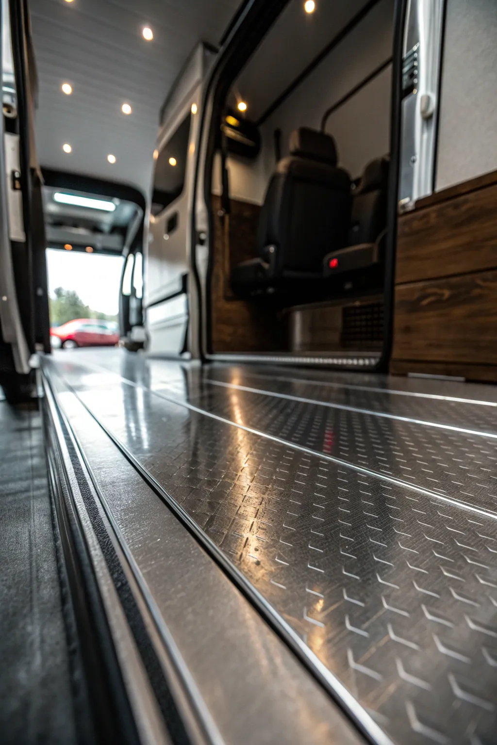 Step into the future with industrial-chic metal flooring for your van.