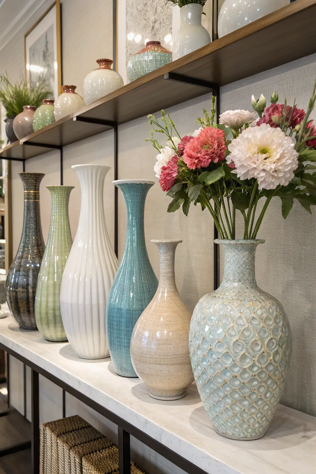 Harmonious arrangement of vases by size and shape creates a balanced display.