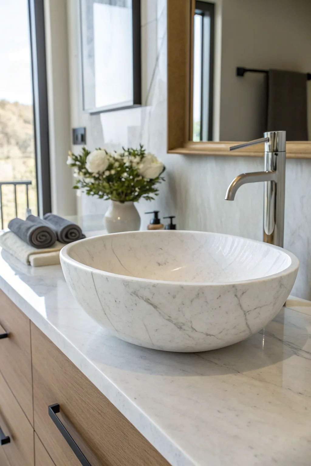 Elevate your bathroom with a minimalist marble vessel sink for a touch of timeless sophistication.