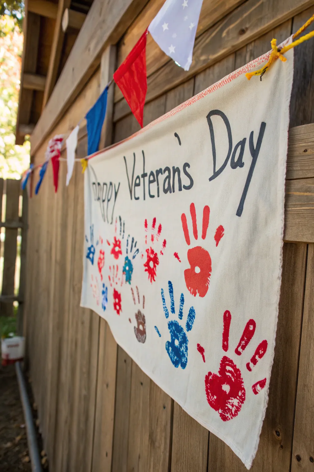 Celebrate Veterans Day with a personal touch: a handcrafted banner featuring family handprints.