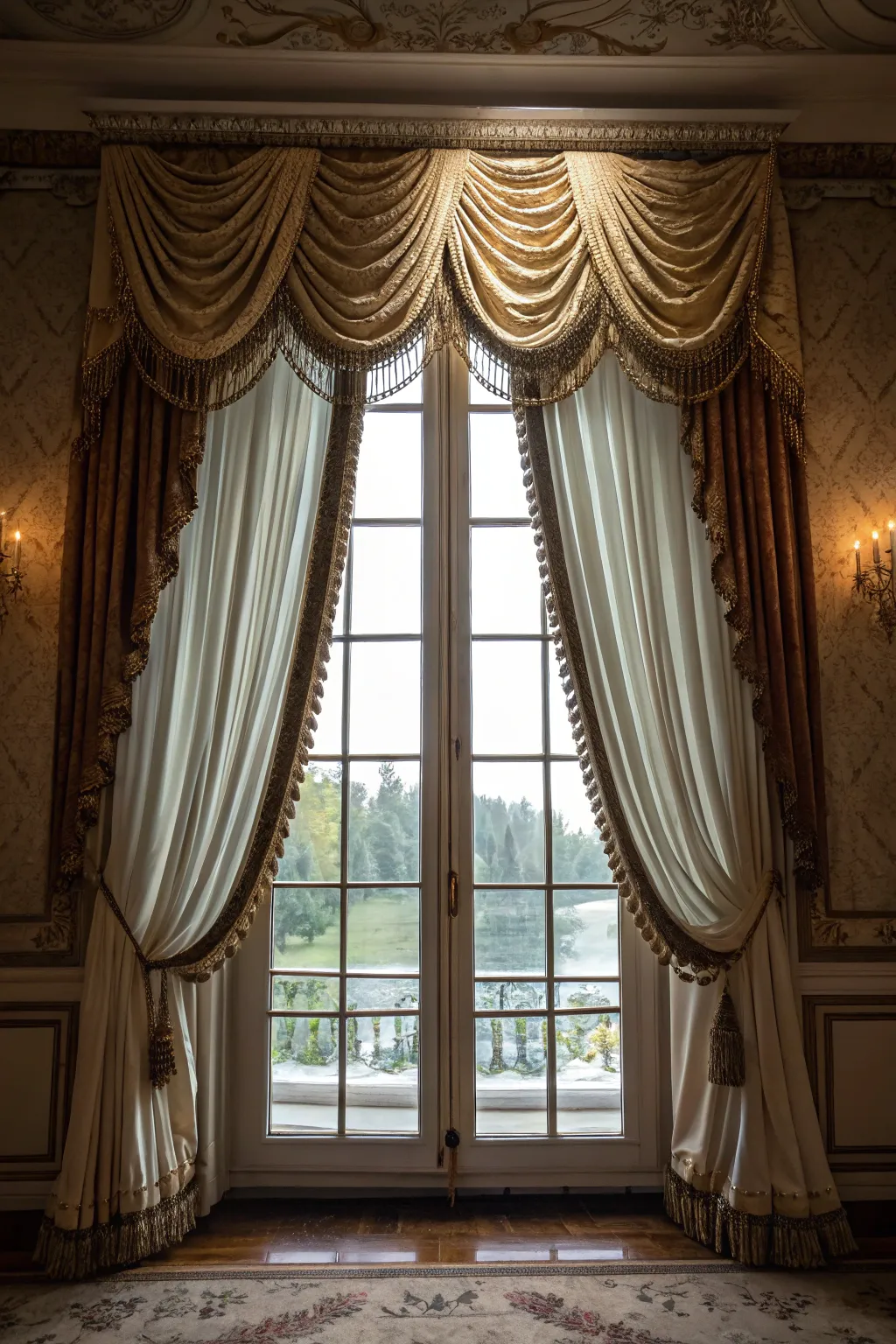 Swags and tails create a grand and theatrical window treatment.