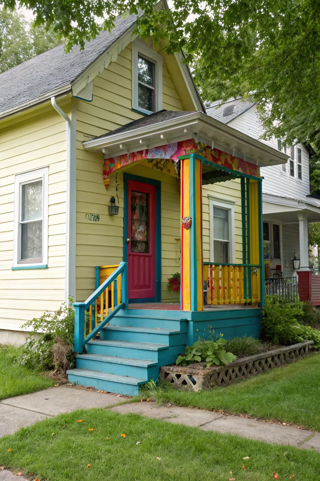 A colorful porch creates a welcoming entryway.