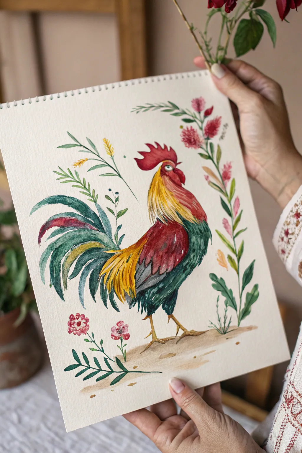 Embrace countryside charm with this whimsical watercolor rooster, where bold colors meet minimalist beauty.