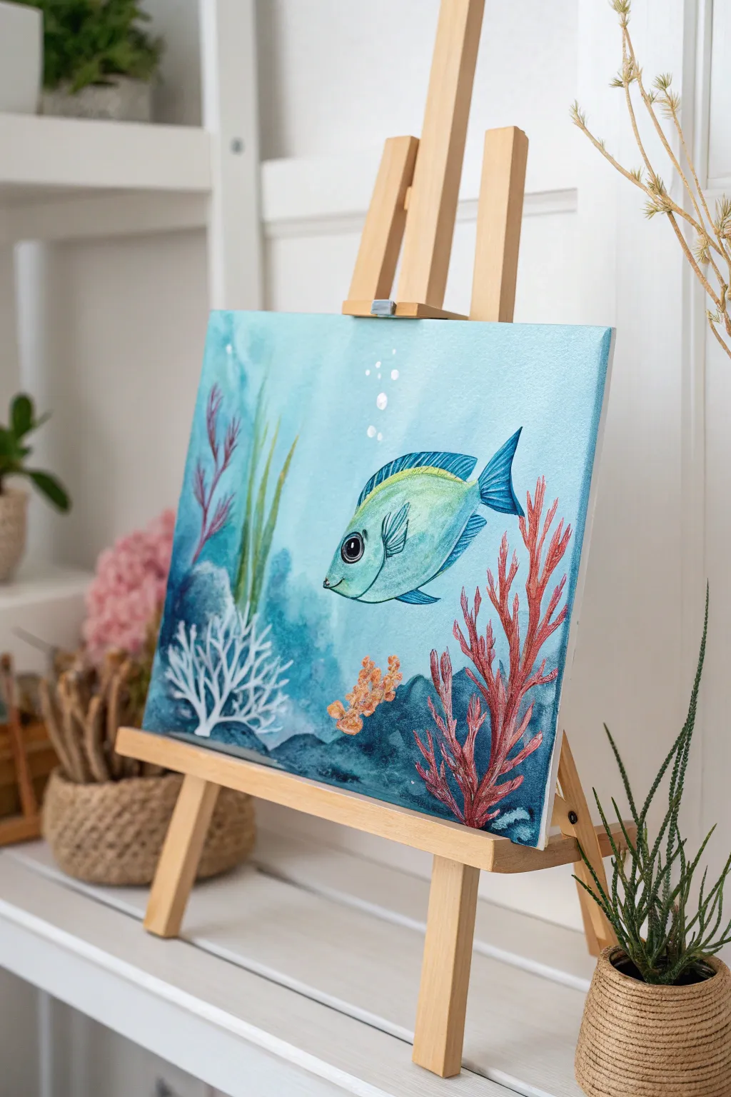 Dive into tranquility with this exquisite watercolor ocean scene, where simplicity meets the vibrant beauty of the underwater world.