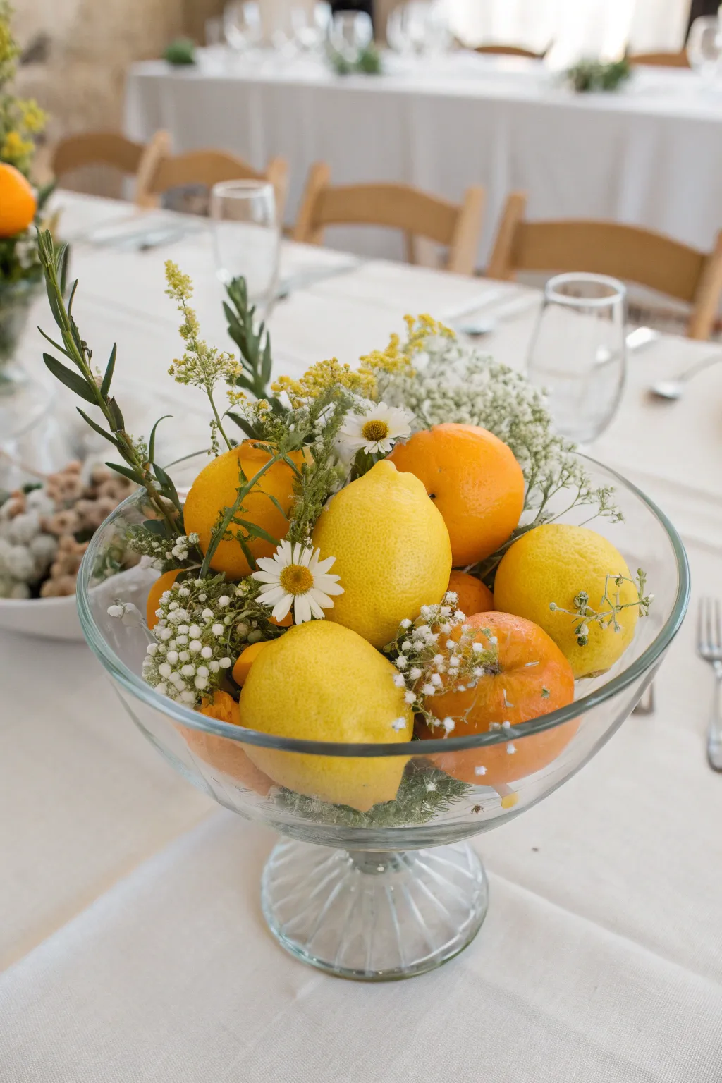 Elevate your wedding table with a vibrant fruit and wildflower centerpiece, the perfect blend of simplicity and natural beauty.