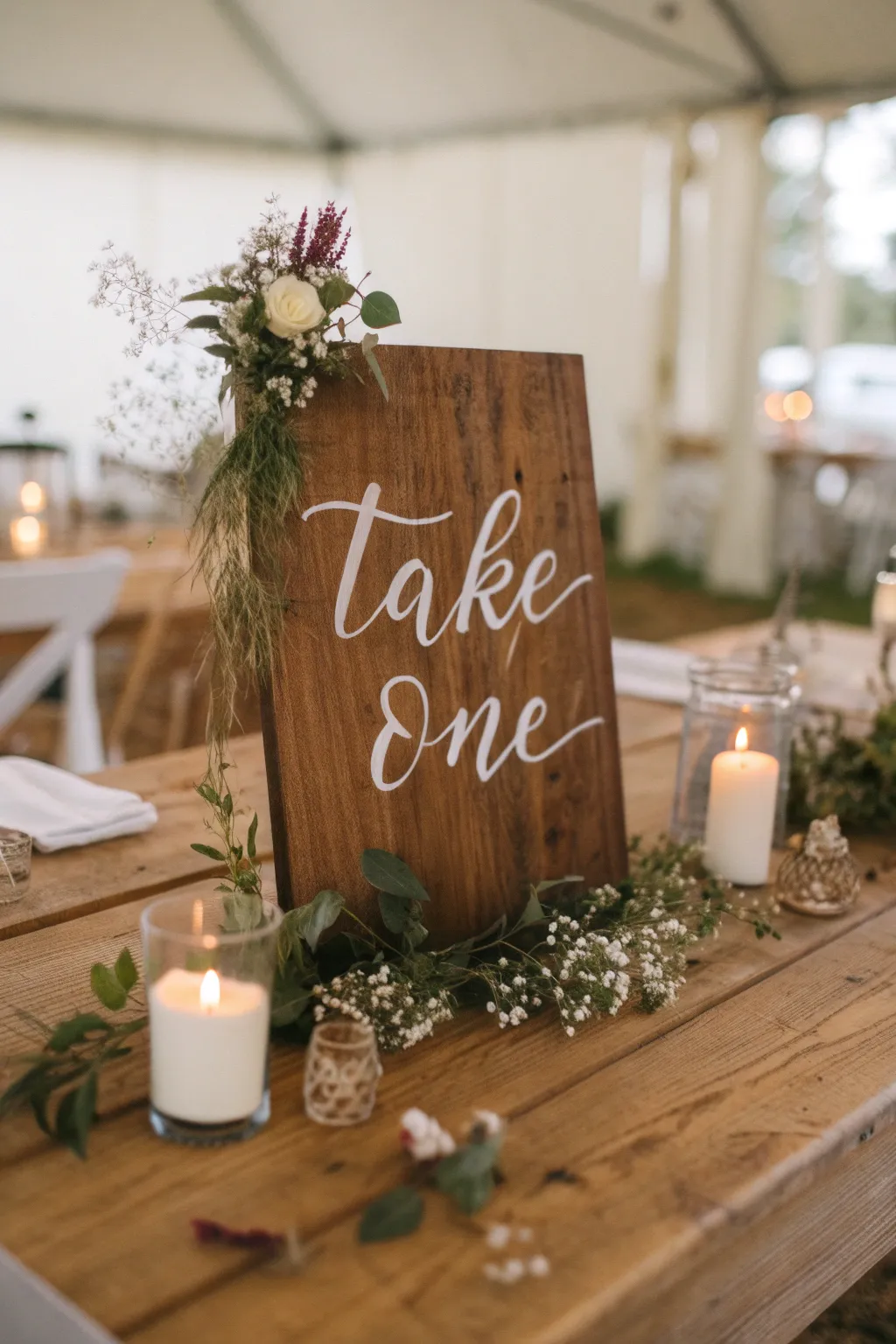 Add a personal touch to your wedding favors table with a charming 'Take One' sign.