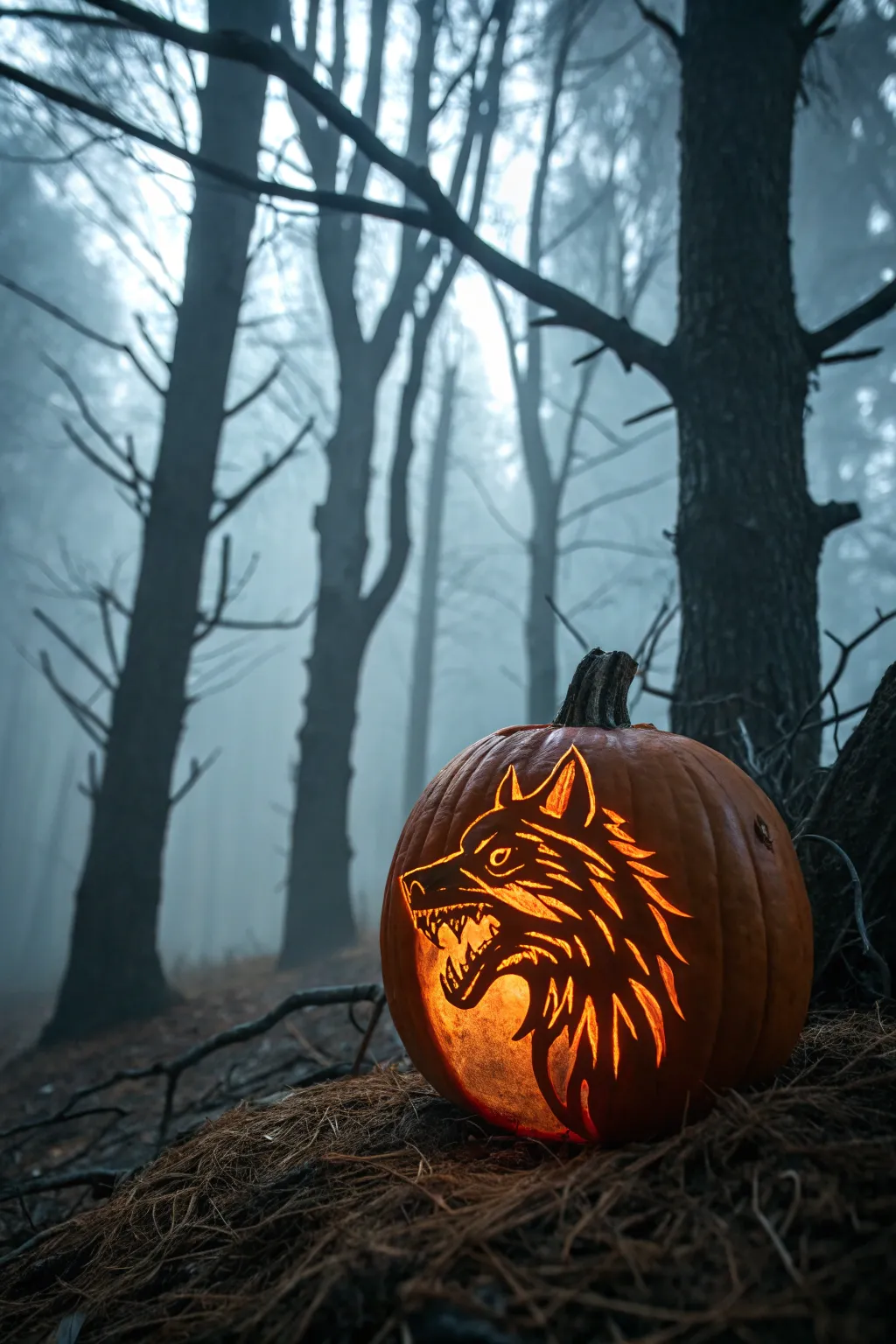 Unleash the beast: A werewolf pumpkin in a shadowy forest setting.
