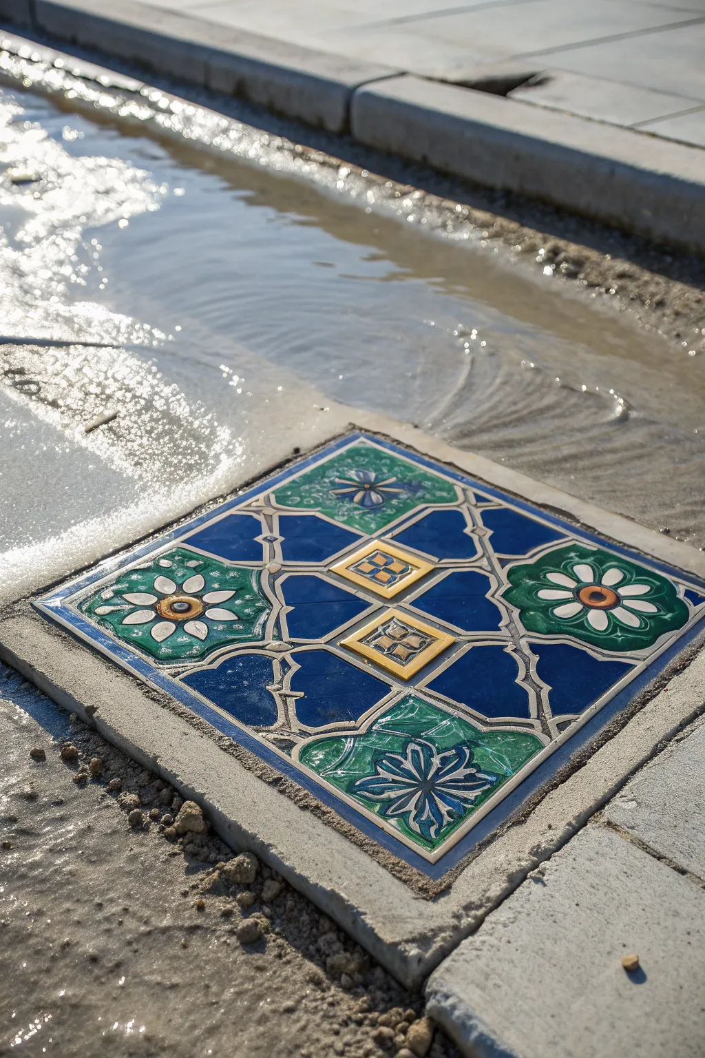 Transform your space with a splash of creativity – decorative tiles meet wet cement for a timeless look.