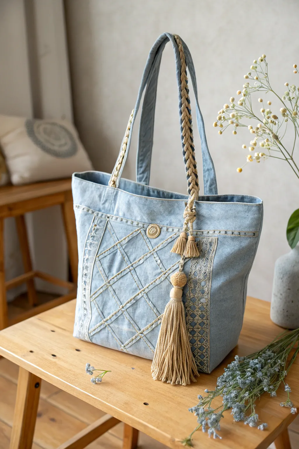 Transform old jeans into a chic, eco-friendly tote bag that blends Scandinavian simplicity with a bohemian flair. #UpcycledBeauty #DenimDreams