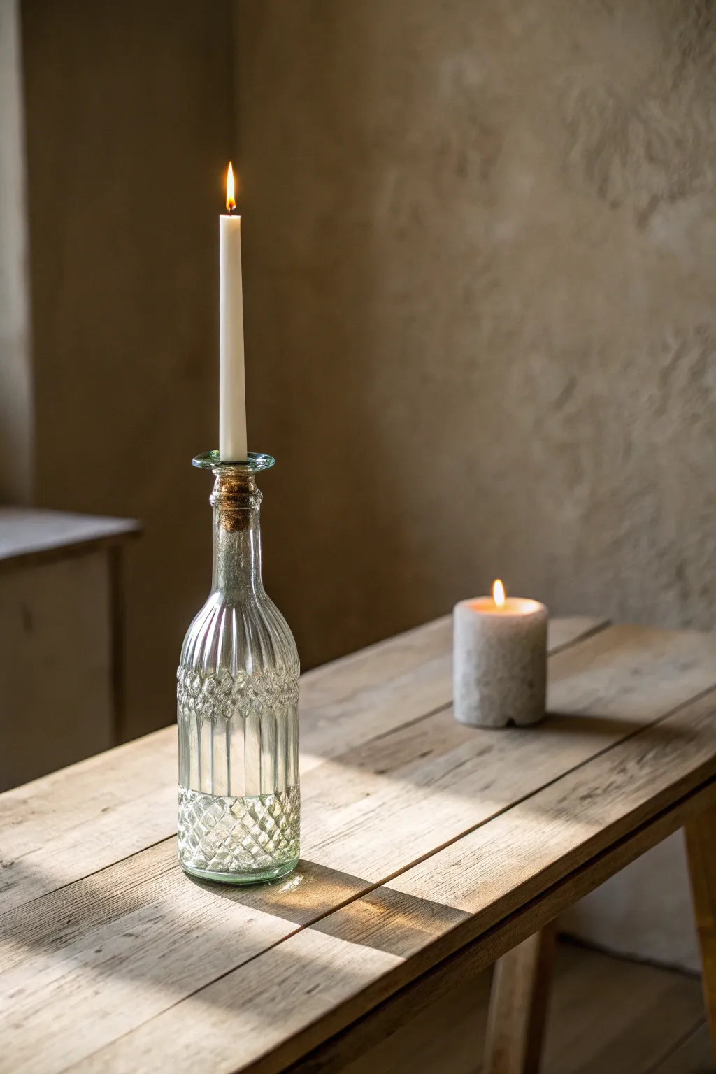 Transform glass bottles into enchanting candle holders for a touch of minimalist elegance.