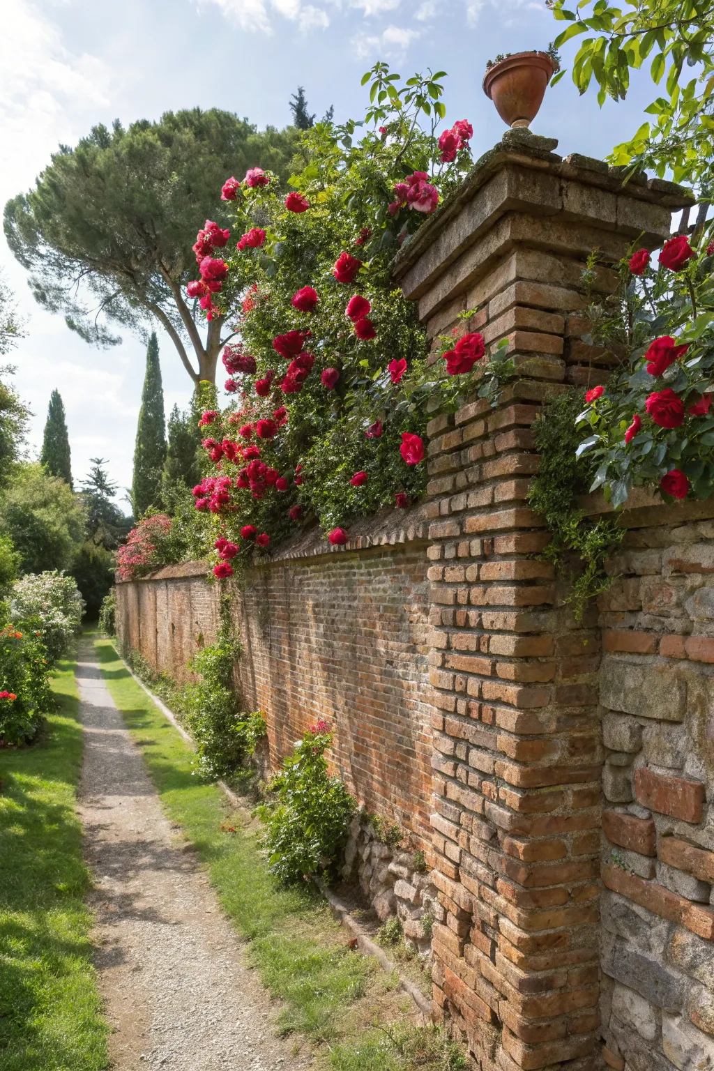 Transform your garden with a charming brick wall backdrop, perfect for showcasing climbing roses and adding timeless character.