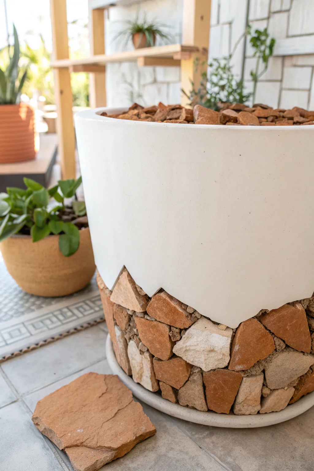Transform your planter with rustic terracotta shards for natural drainage and a touch of earthy elegance.