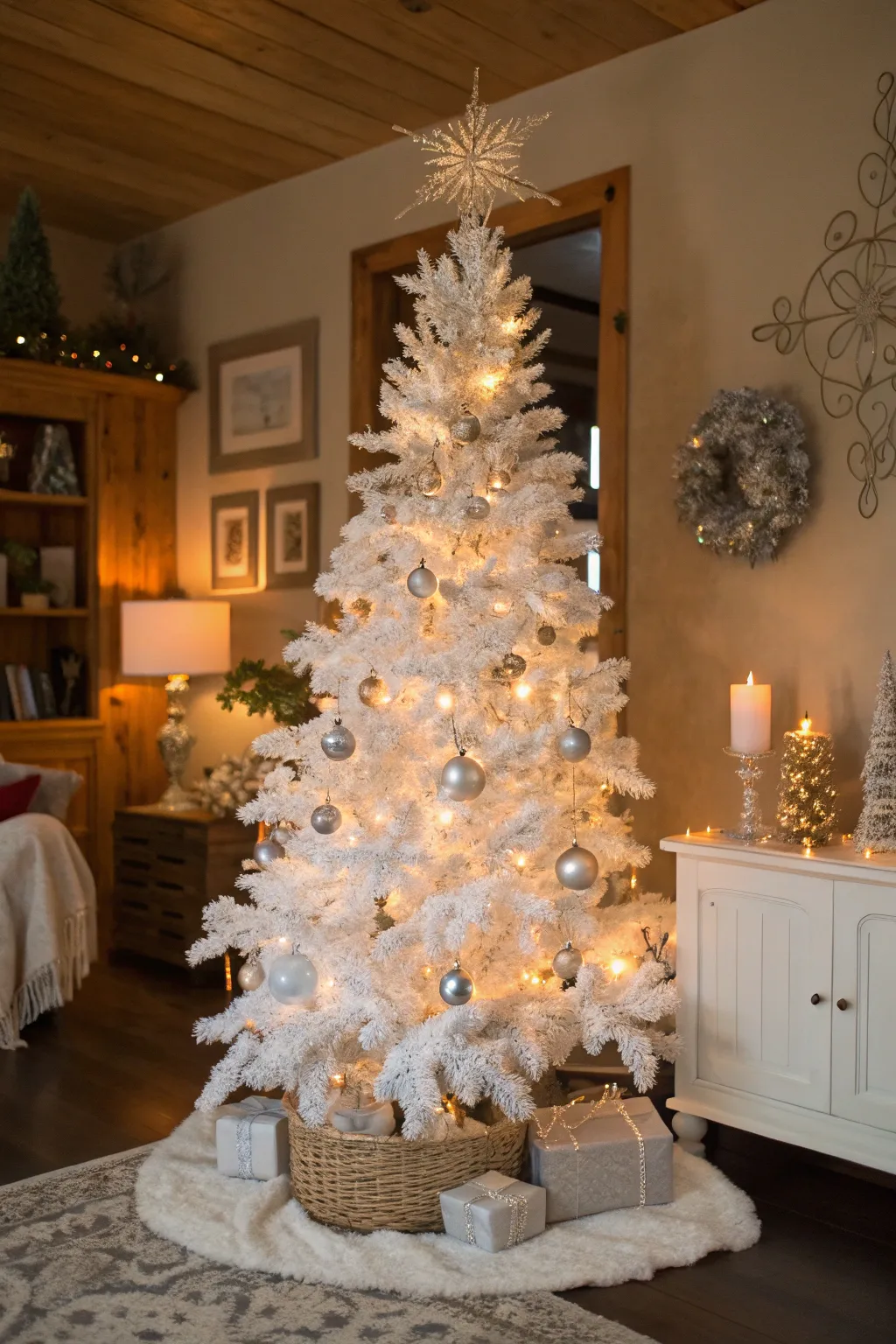 Snowy branches give this tree a natural, rustic appeal.