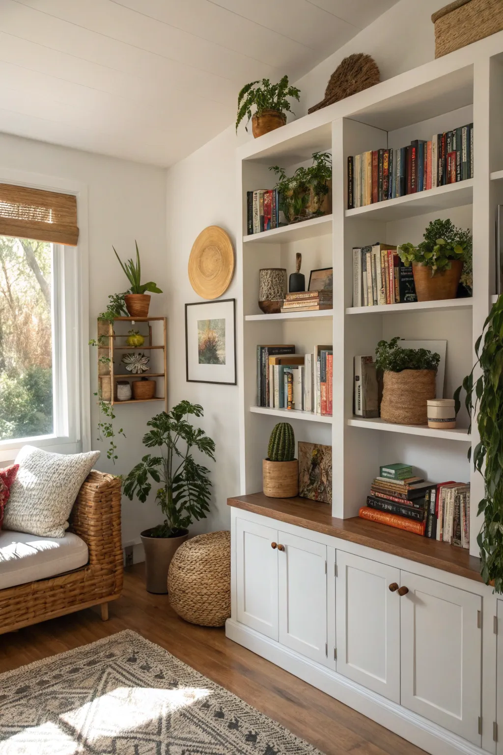 Open shelving offers both style and functionality on white walls.