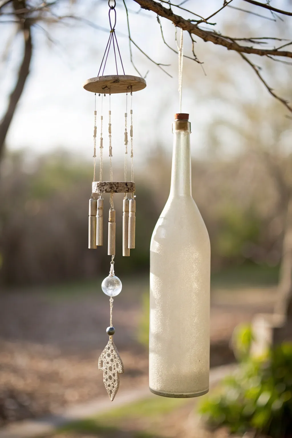 Transform your backyard into a serene retreat with charming wine bottle wind chimes.