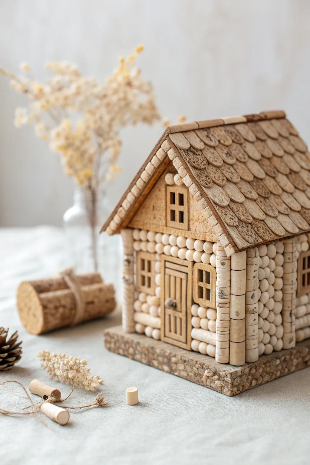Crafted from Love: A Tiny Cork House Bringing Warmth to Your Mantel.