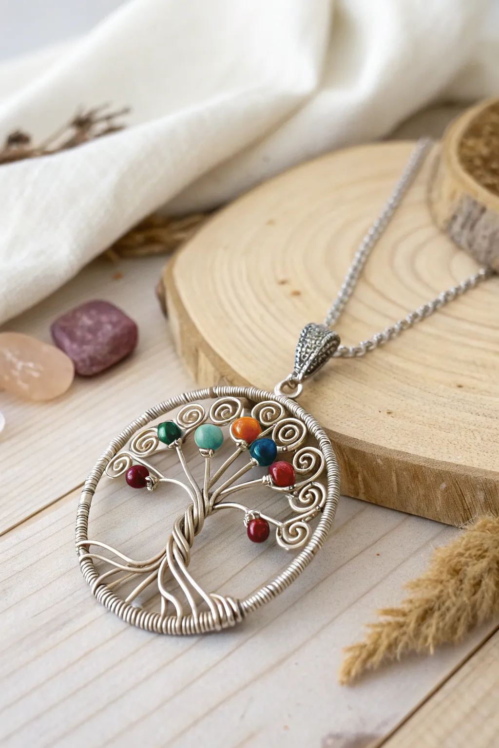 Discover the art of beaded beauty with this stunning wire-wrapped pendant, where simplicity meets a splash of vibrant charm.