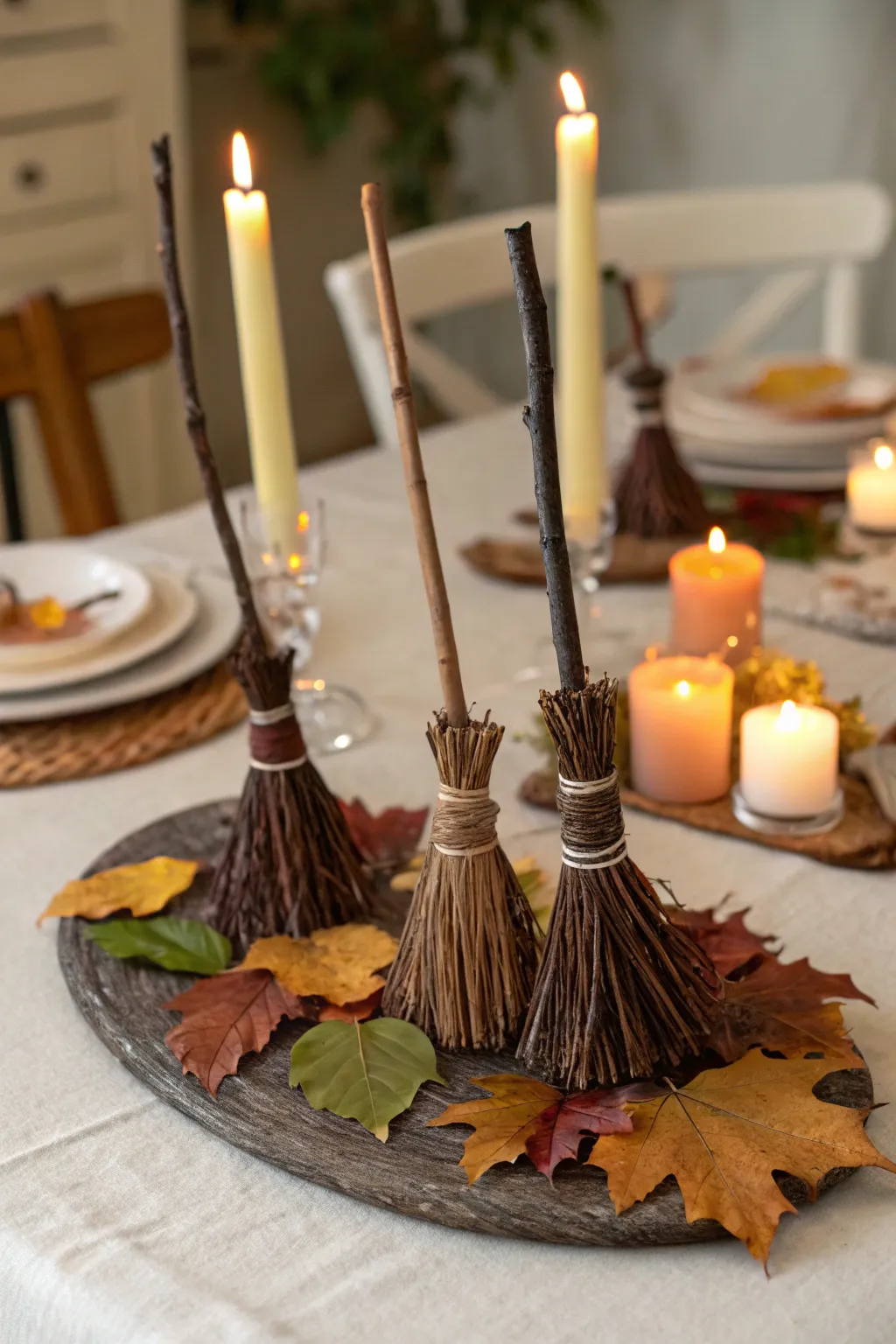 Miniature brooms make whimsical table accents for your Halloween feast.