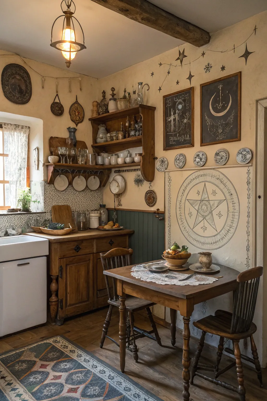 Mystical wall art infuses the kitchen with wonder.