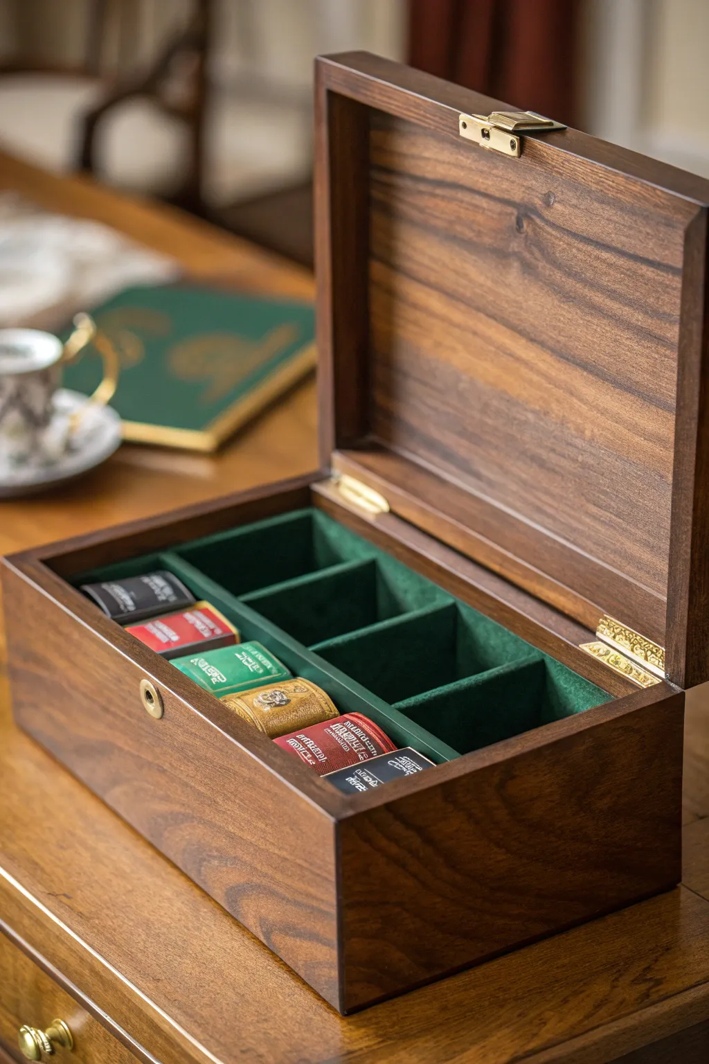 Elevate your tea ritual with this exquisite walnut tea storage box, where elegance meets functionality.