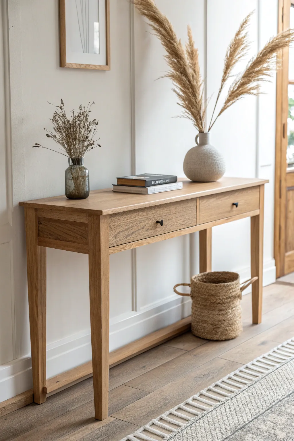 Elevate your space with the serene beauty of a handcrafted console table. Perfect for minimalist enthusiasts with a touch of Boho flair.