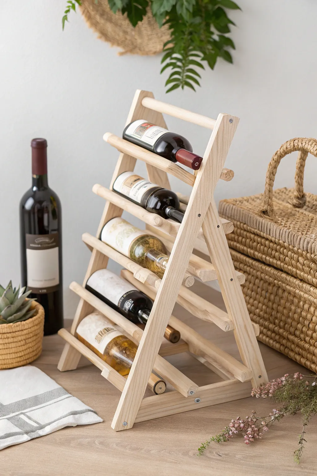 Elevate your dining space with this chic DIY wine rack, a perfect blend of minimalist design and natural elegance.