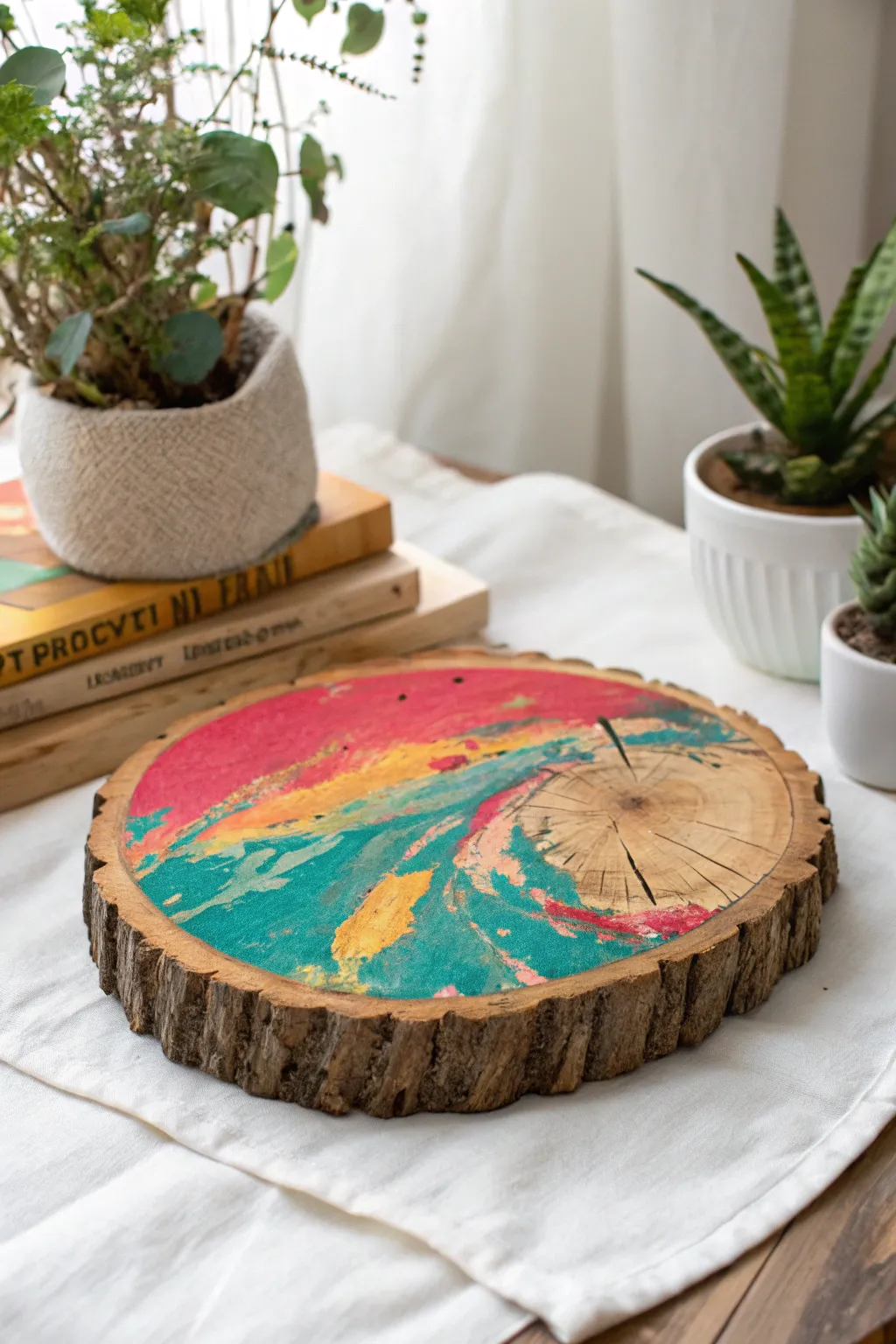 Unleash your creativity with bold abstract designs on natural wood slices. 🌿🎨 #AbstractArt #WoodCraft #BohoStyle