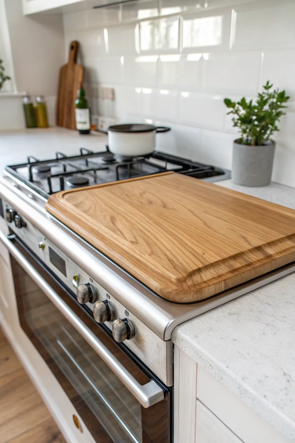 Elevate your kitchen style with a versatile wood stove top cover in calming neutral tones.