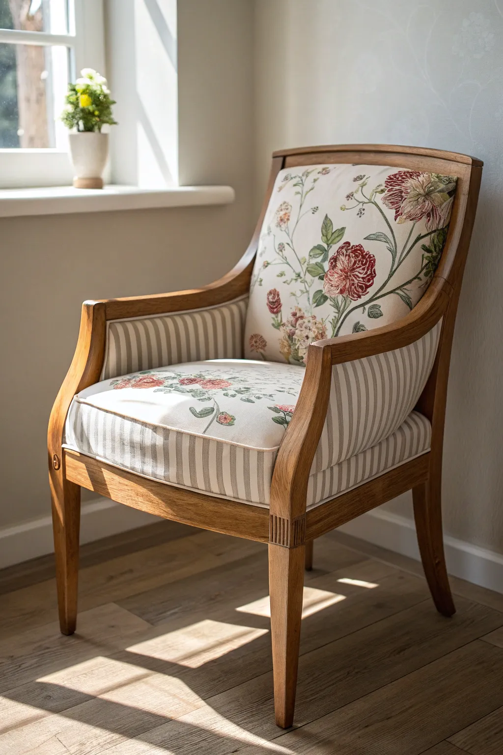 Embrace the charm of mixed patterns with this stunning wooden chair makeover. A perfect blend of florals and stripes for a designer touch!