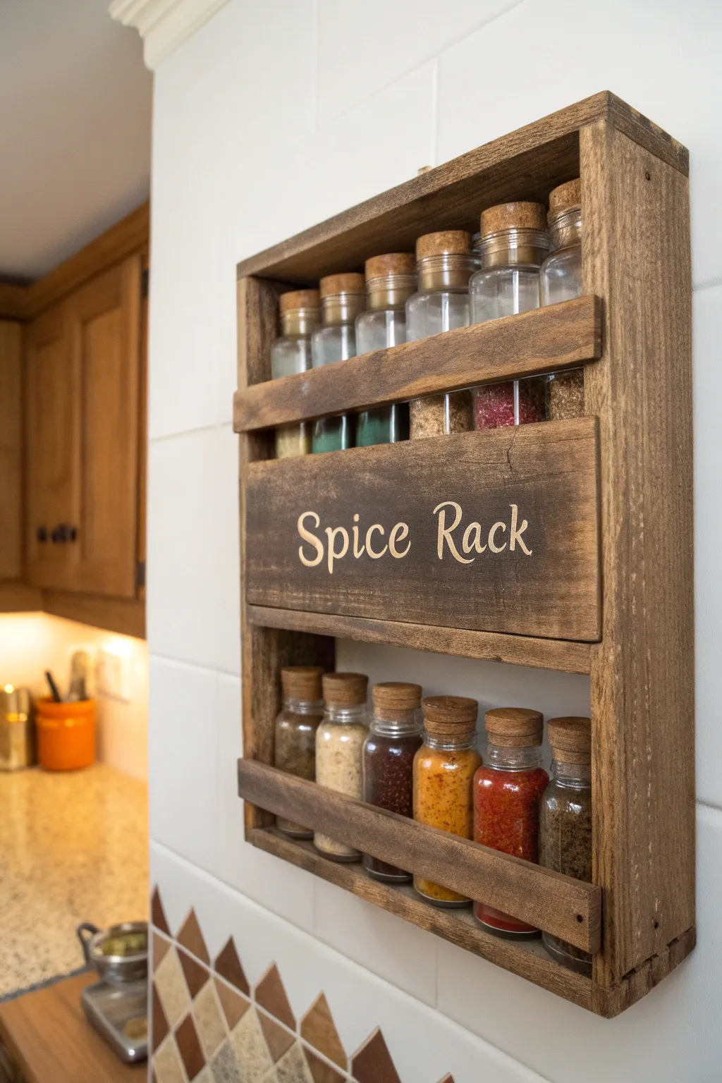 Elevate your kitchen with a rustic wooden spice rack that's both functional and stylish.