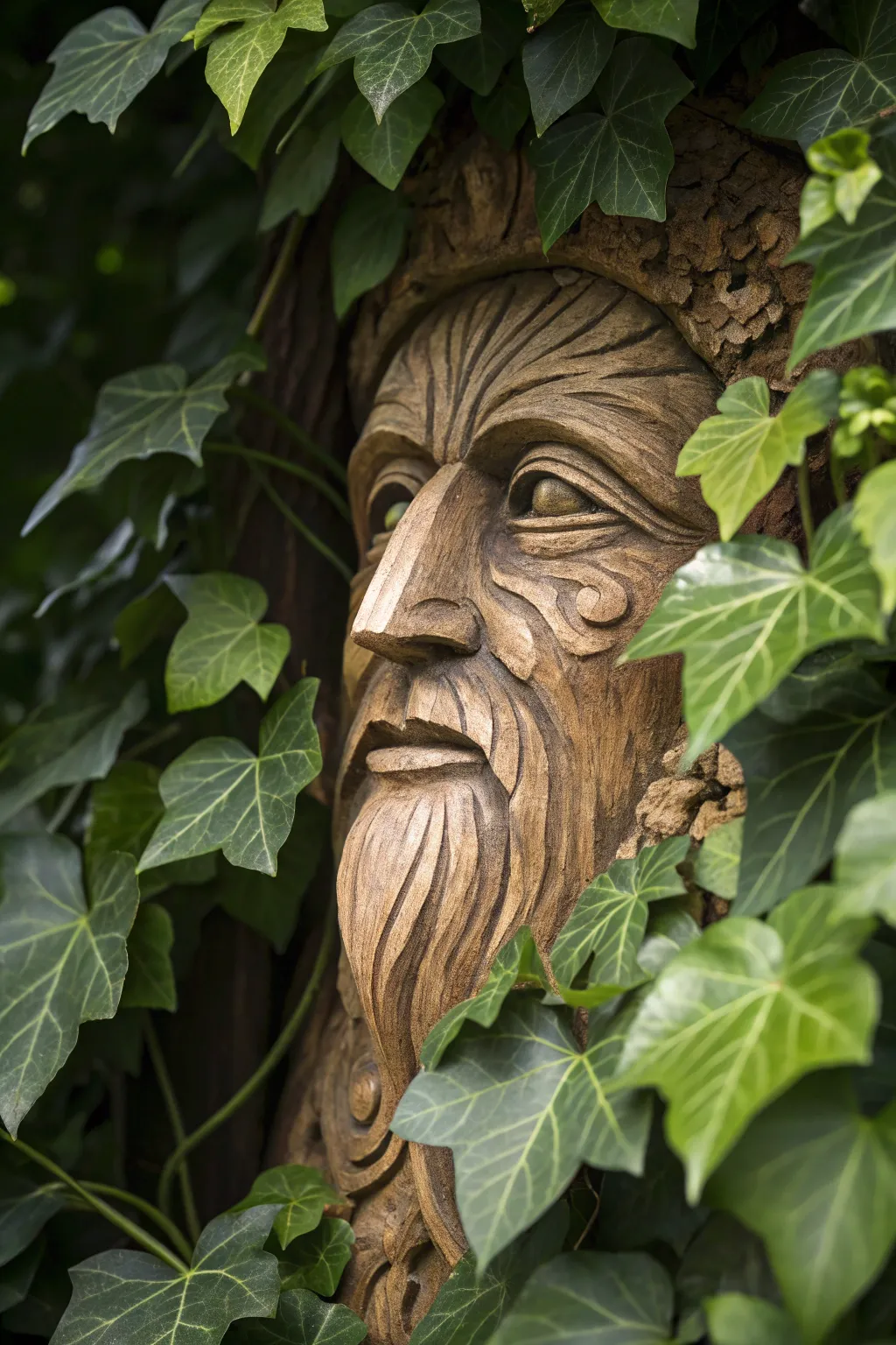 Whispering Woods: Discover the enchanting charm of wooden tree faces in your garden.