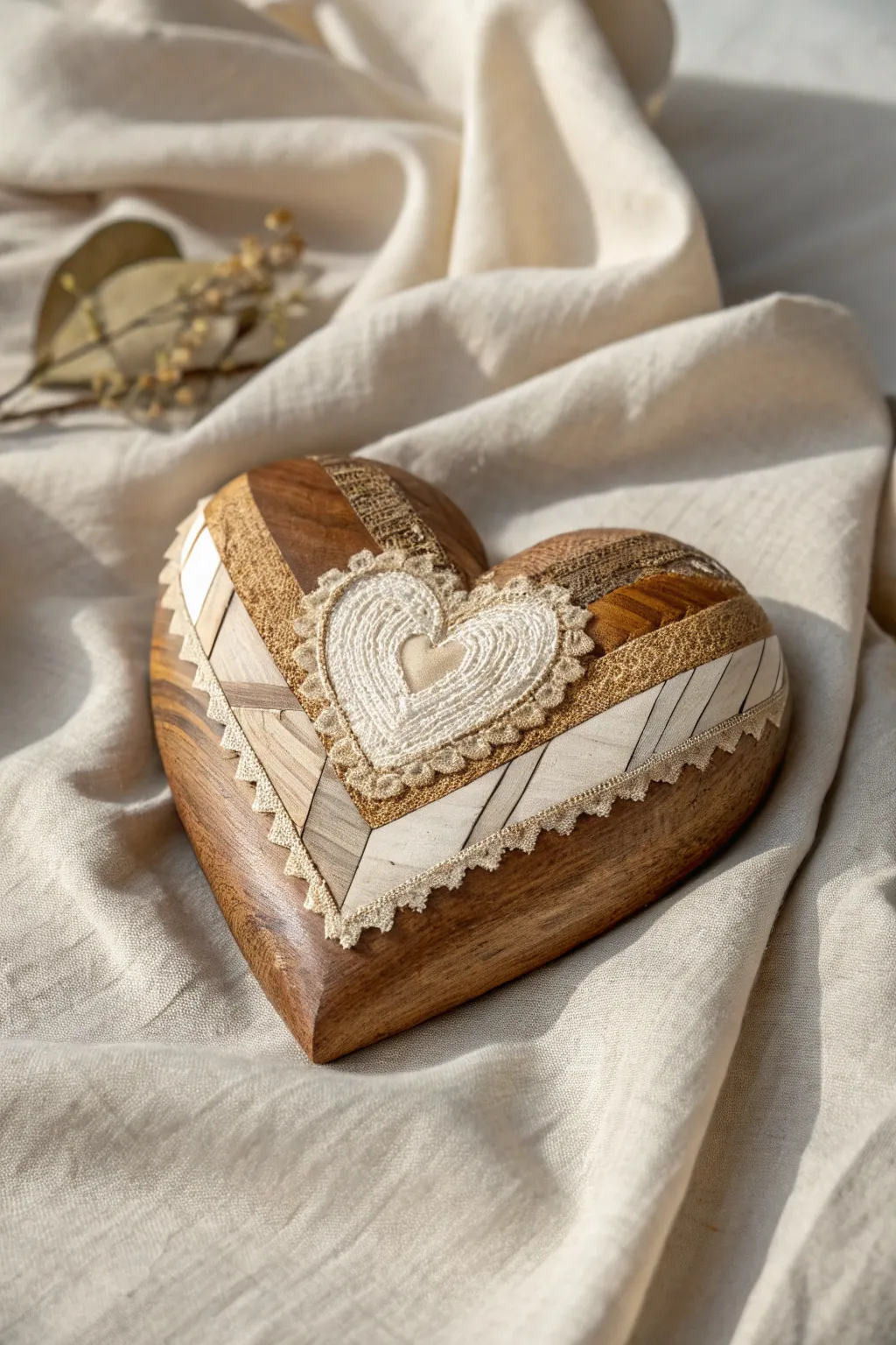 Discover the art of layering textures with this charming wooden heart, where simplicity meets elegance.