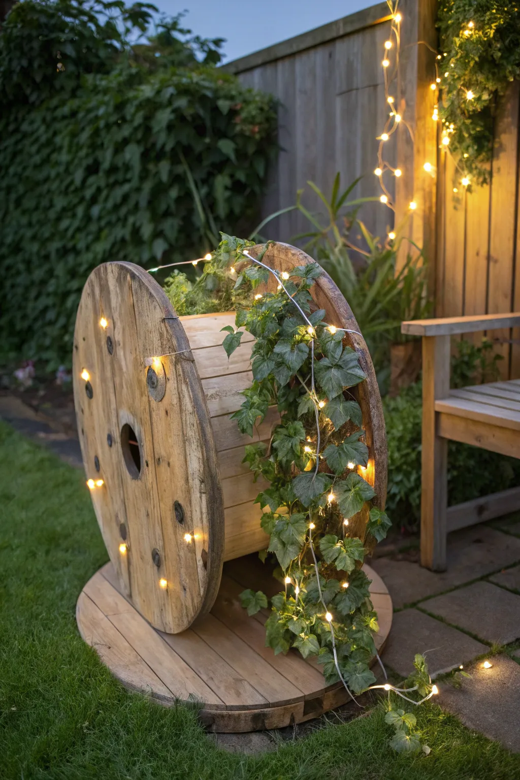 Transform your garden into a whimsical wonderland with this enchanting wooden reel feature.