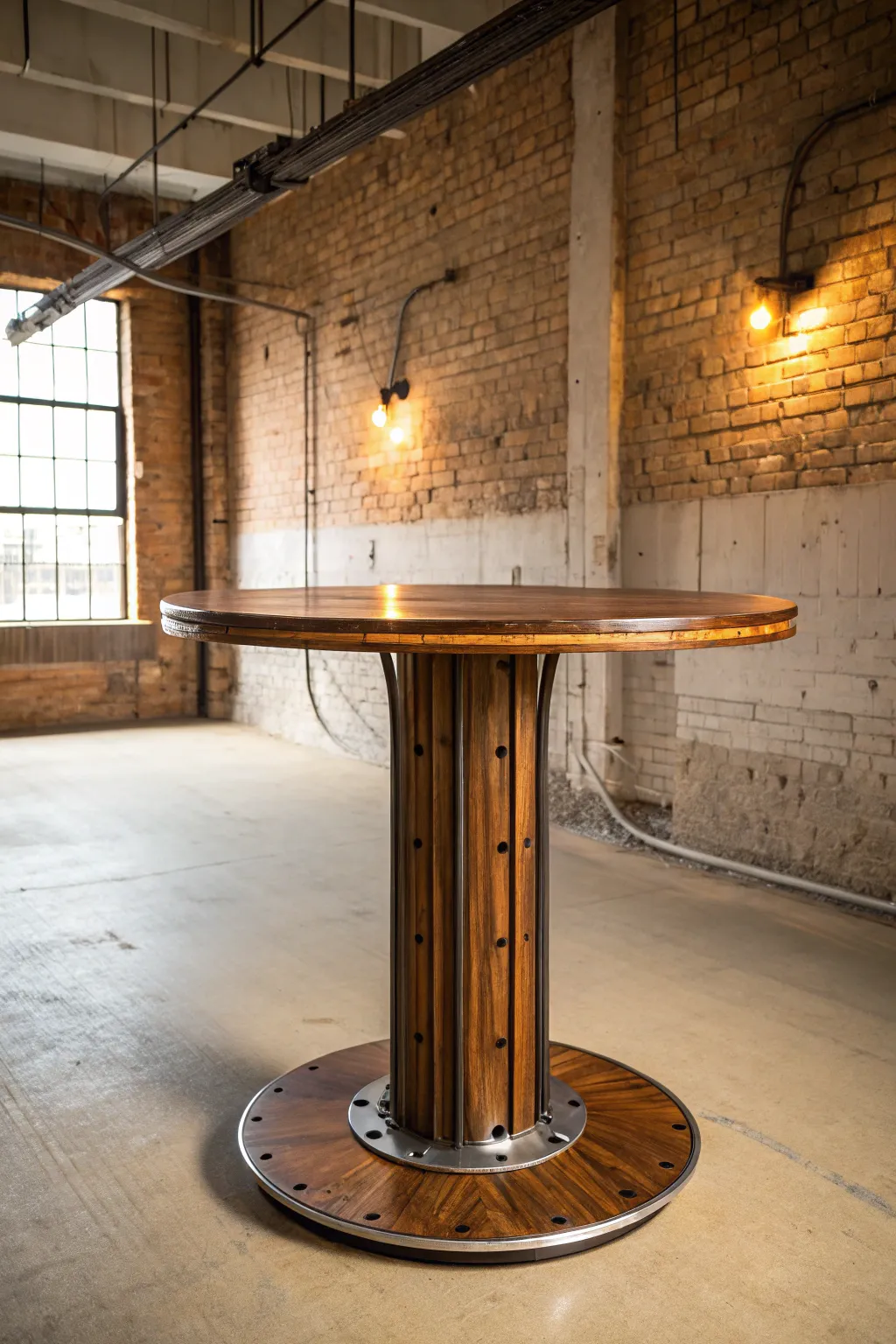 Elevate your space with this modern industrial wooden spool table—where rustic charm meets sleek design.