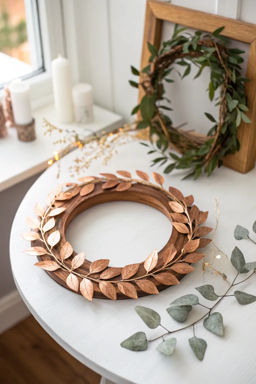 Rustic elegance meets modern charm with this wooden wreath ring adorned with copper leaves. A perfect blend of simplicity and sophistication.