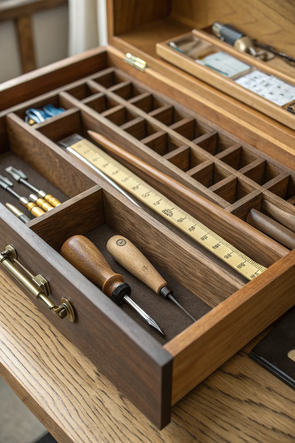 Transform your tool drawer into a masterpiece of organization with custom wooden dividers. #Woodworking #ToolStorage
