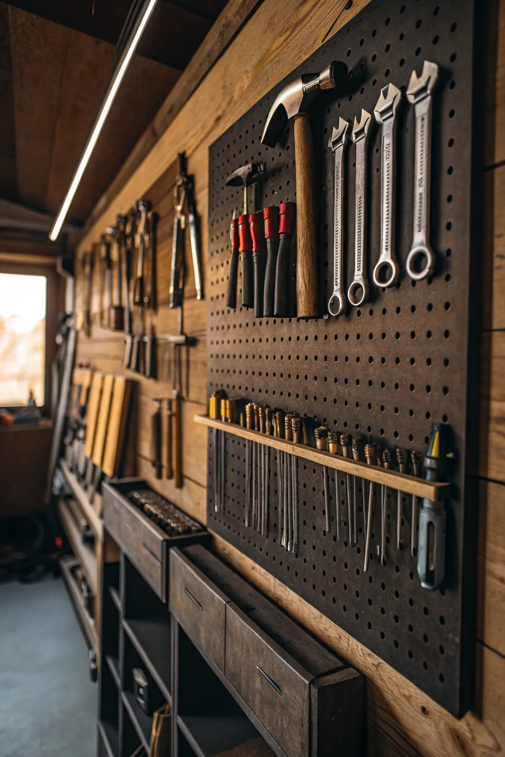 Transform your workspace with pegboard perfection — where organization meets artistry.