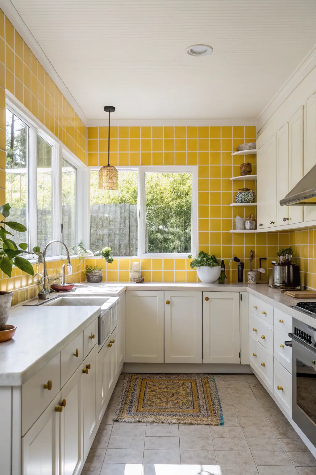 A full wall of yellow tiles makes a bold and bright statement.
