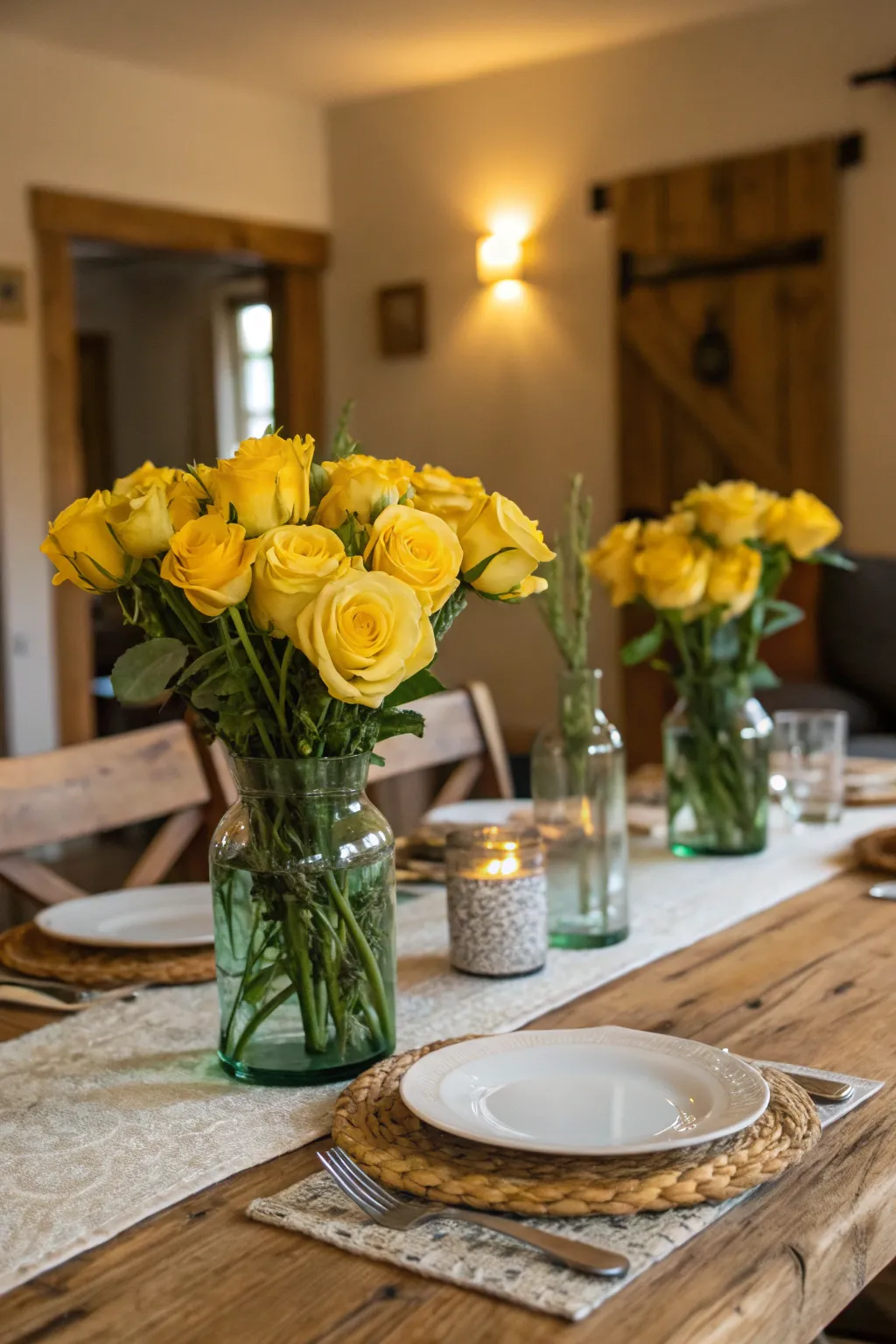 Eco-friendly yellow roses in recycled glass.