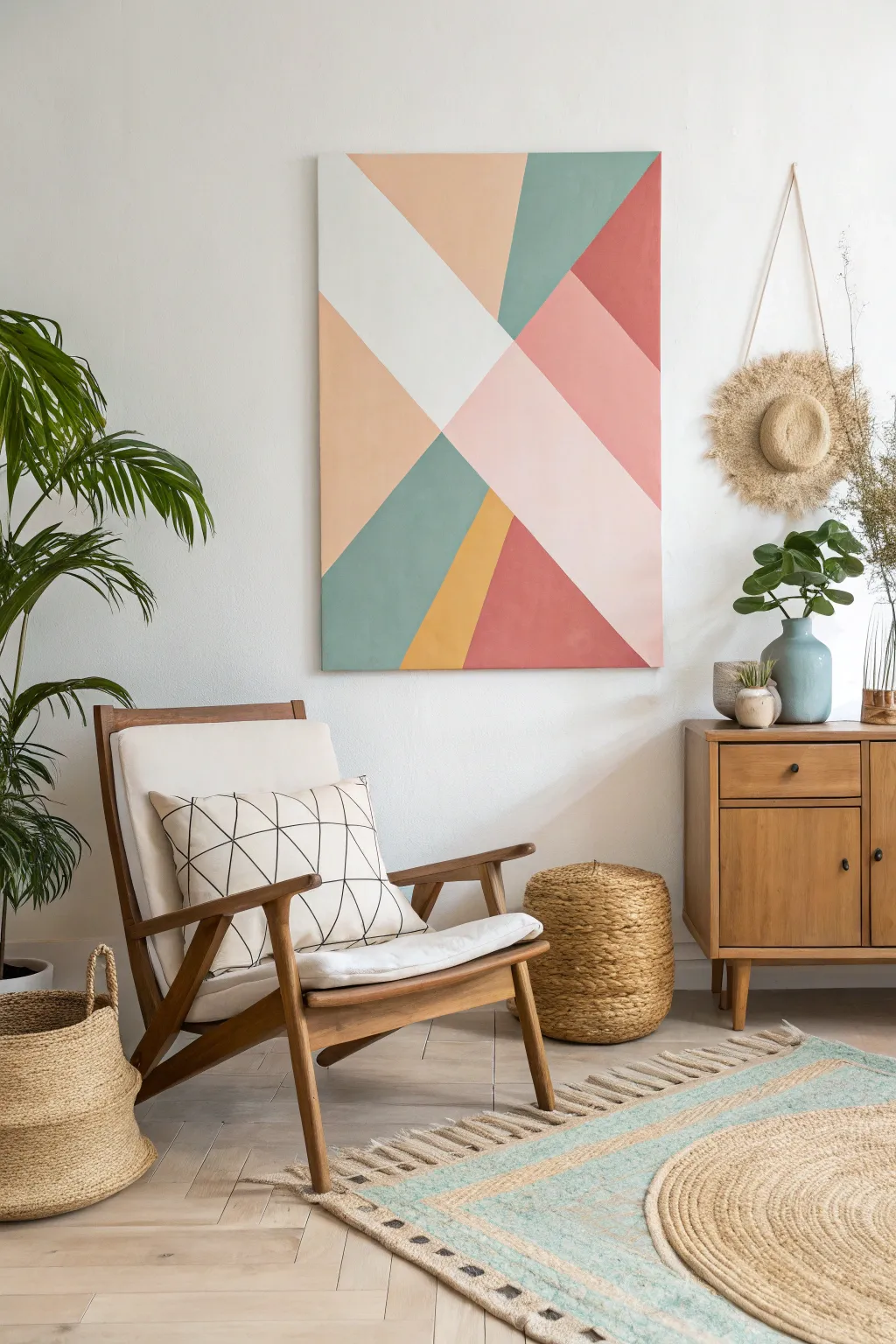 Embrace the beauty of geometric dreams with bold shapes and serene colors, perfect for a minimalist space.
