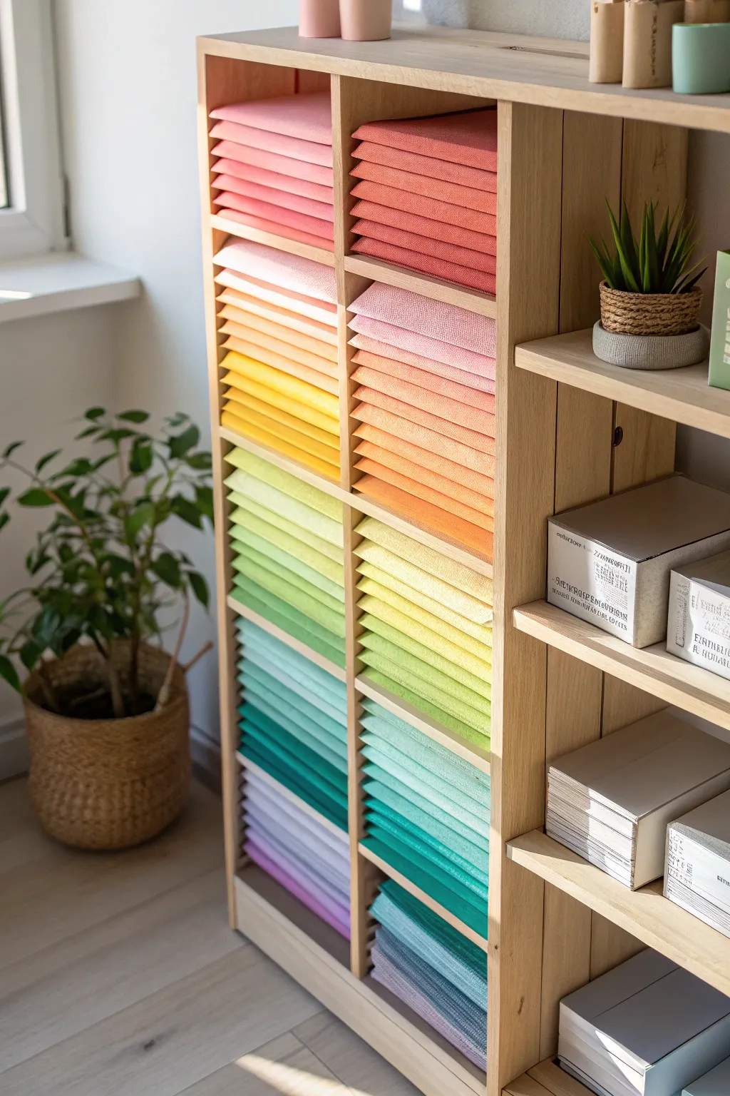 Transform your crafting space with a color-coded paper paradise! 🌈✨ #CraftOrganization #ScandiBohoStyle