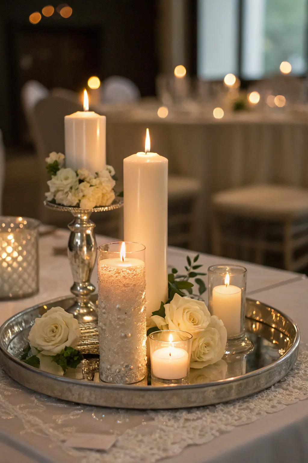 A candlelit centerpiece that adds warmth and romance to the table setting.