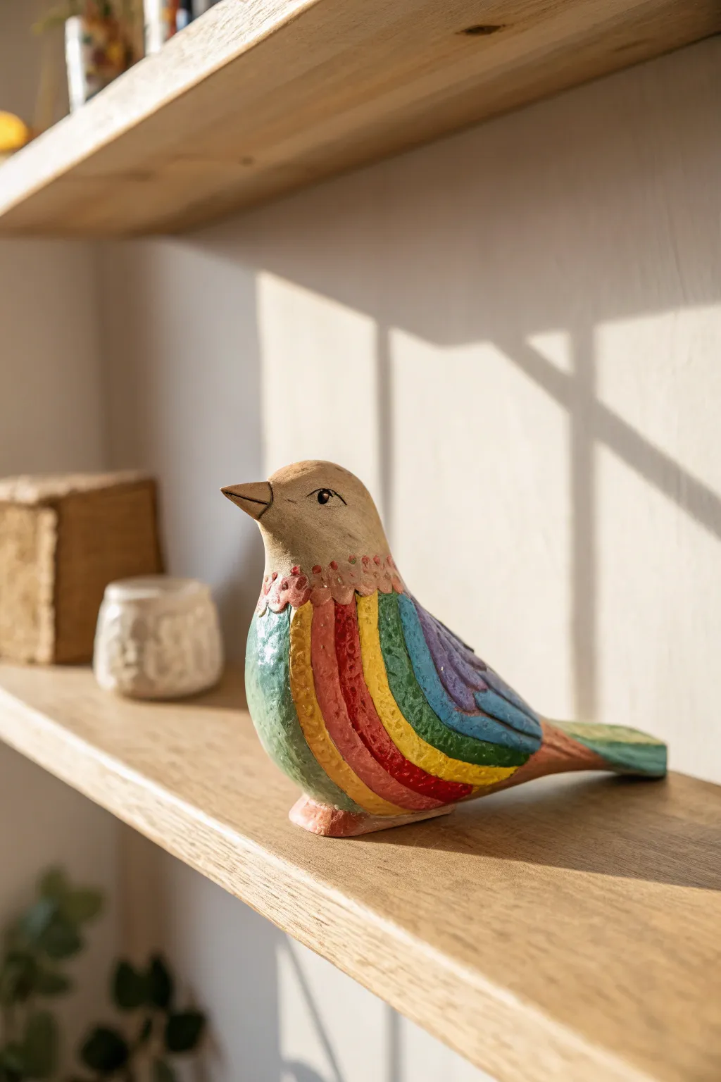 Add a splash of color with this charming rainbow clay bird, a perfect blend of artistry and nature for your minimalist decor.
